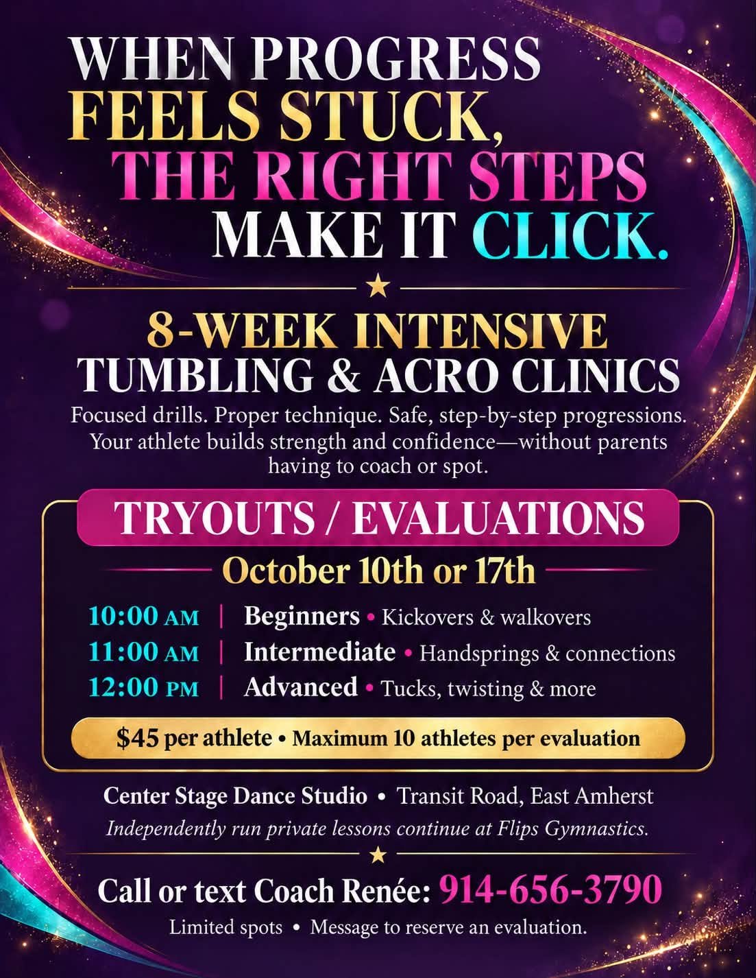 Flyer: Intensive Clinic — tryouts October 10th or 17th at Center Stage Dance Studio, East Amherst
